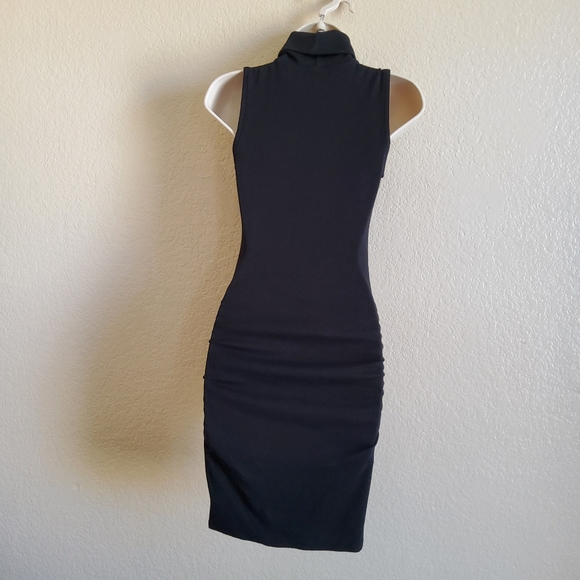 New Michael Stars Macy Ultra Rib Ruched Black Bodycon Turtleneck Mini Dress XSP - Picture 7 of 11
